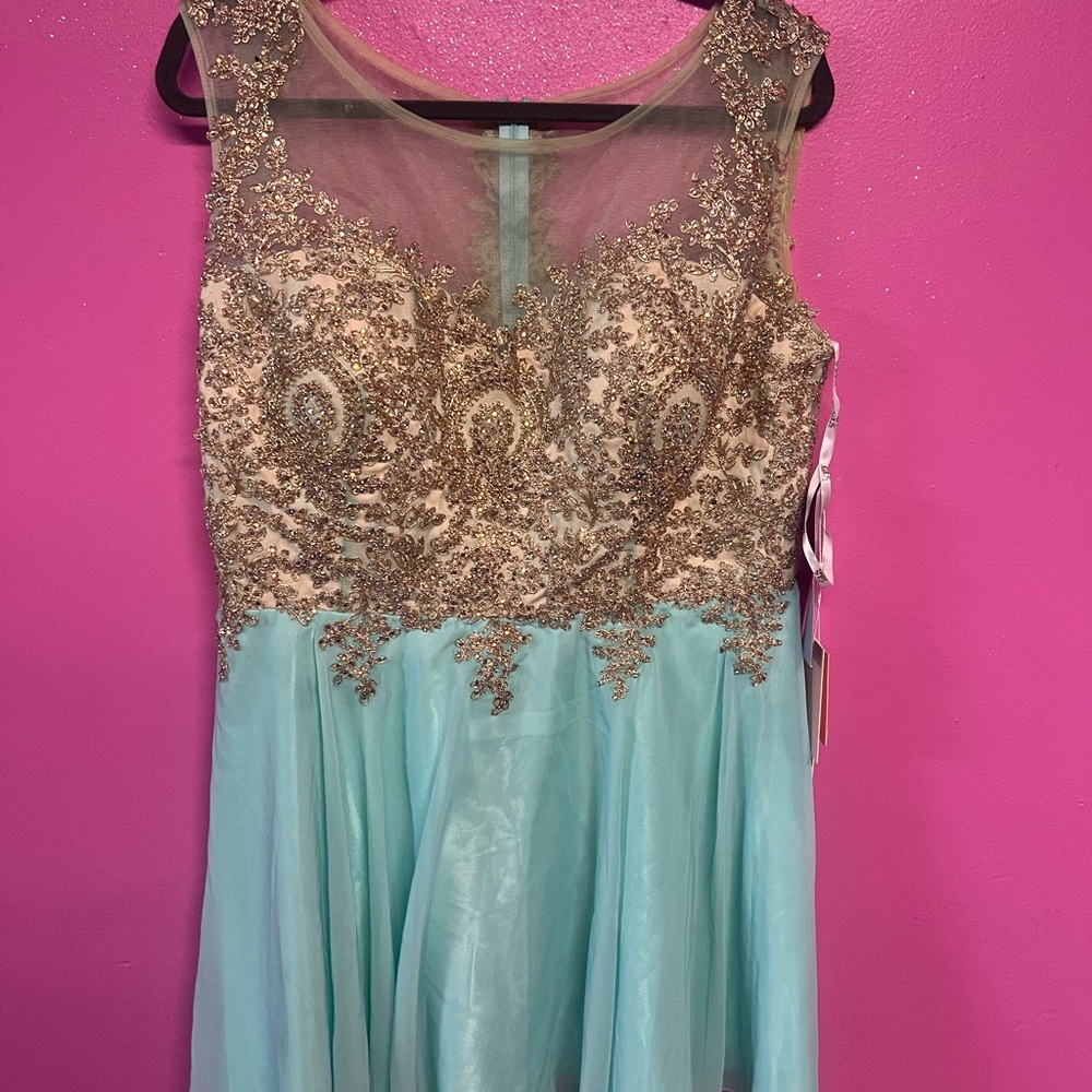 Elizabeth K by gls. Aqua Dress with Gold Detailing